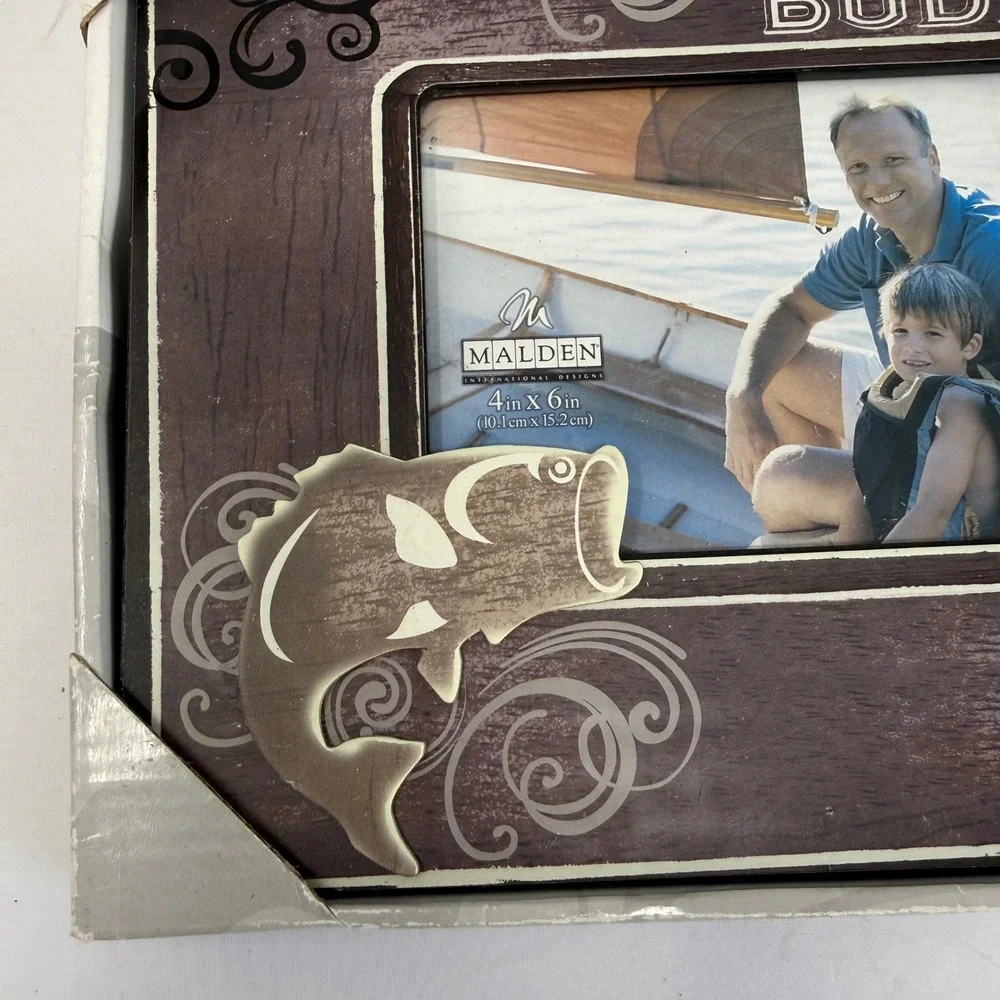 Malden Dads Fishing Buddy 4x6 Photo Frame Brown Wood Look Rustic Bass Fish Gift
